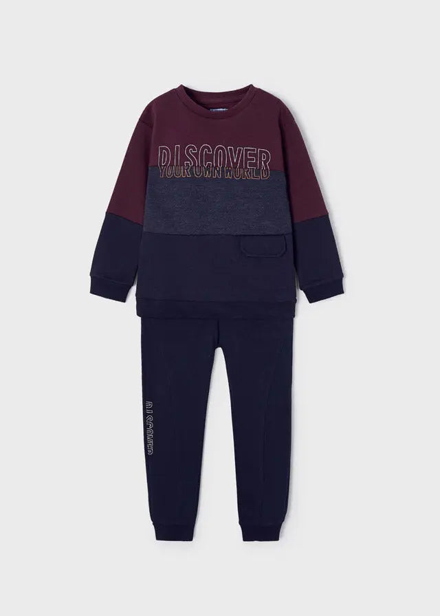 Front view of burgundy, grey and navy Mayoral boys sweatshirt and jogger set