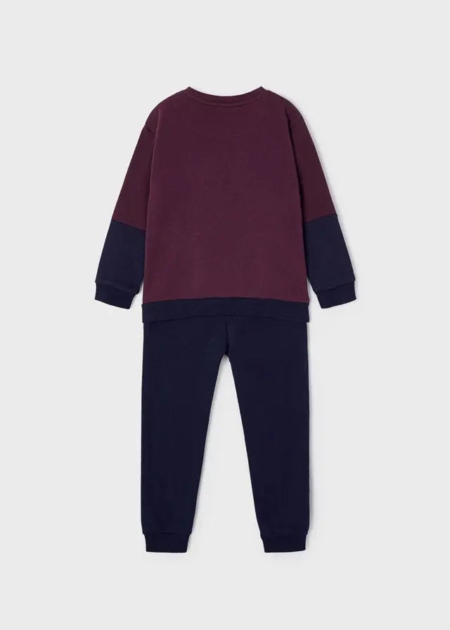 Back view of Mayoral boys burgundy sweatshirt and navy joggers