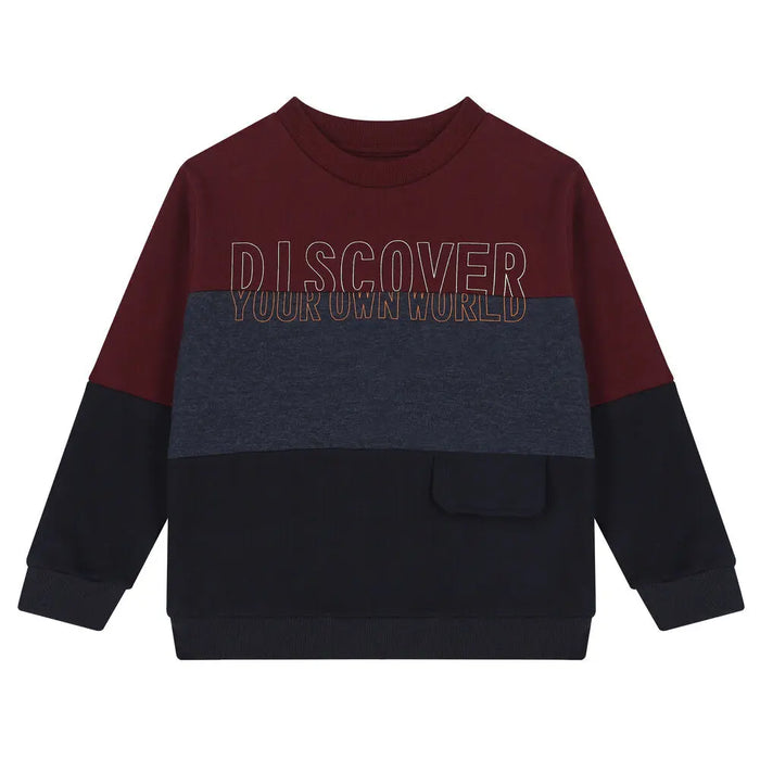 Front view of burgundy-and-grey Mayoral boys graphic sweatshirt
