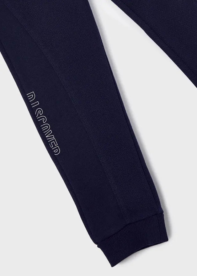 Close view of the navy Mayoral joggers with cuffed ankle