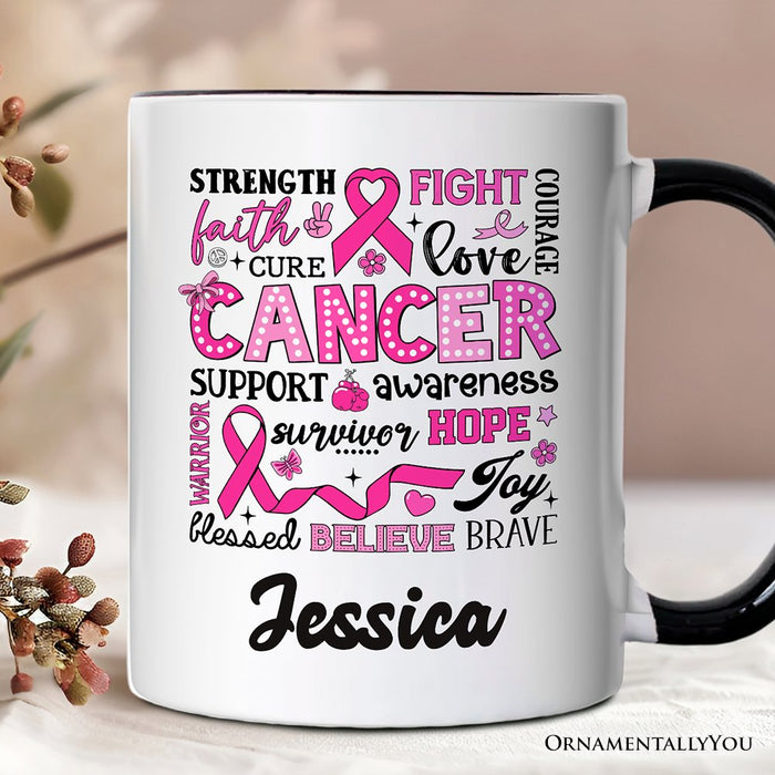 Breast Cancer Awareness Ribbon Personalized Mug, In October We Wear Pink Support Gift with Custom Name Personalized Ceramic Mug OrnamentallyYou White - Black Customized