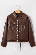 Brown Double Flap Pocket Drawstring Hem Leather Jacket - S - Outerwear/Jackets