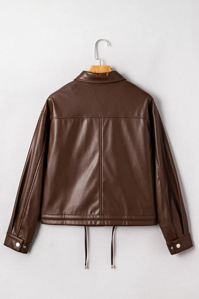 Brown Double Flap Pocket Drawstring Hem Leather Jacket - Outerwear/Jackets