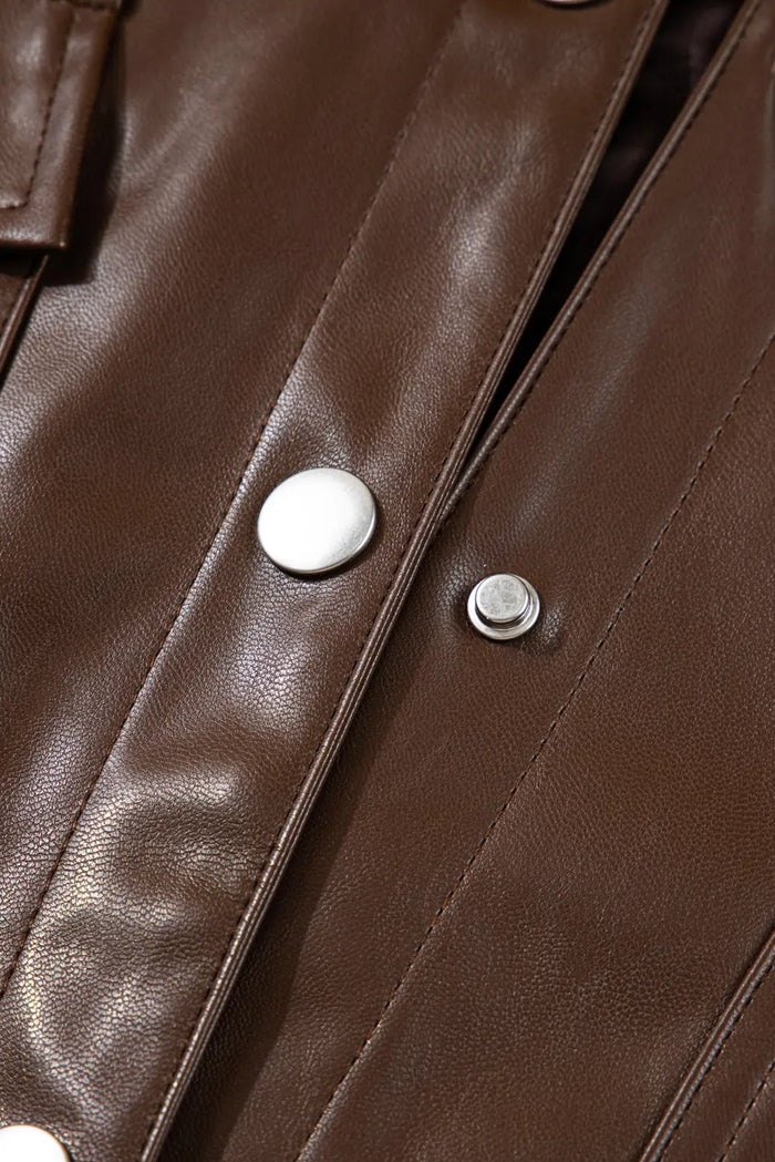 Brown Double Flap Pocket Drawstring Hem Leather Jacket - Outerwear/Jackets