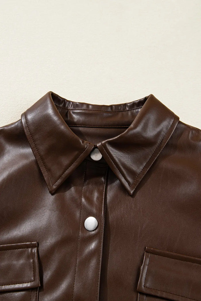 Brown Double Flap Pocket Drawstring Hem Leather Jacket - Outerwear/Jackets