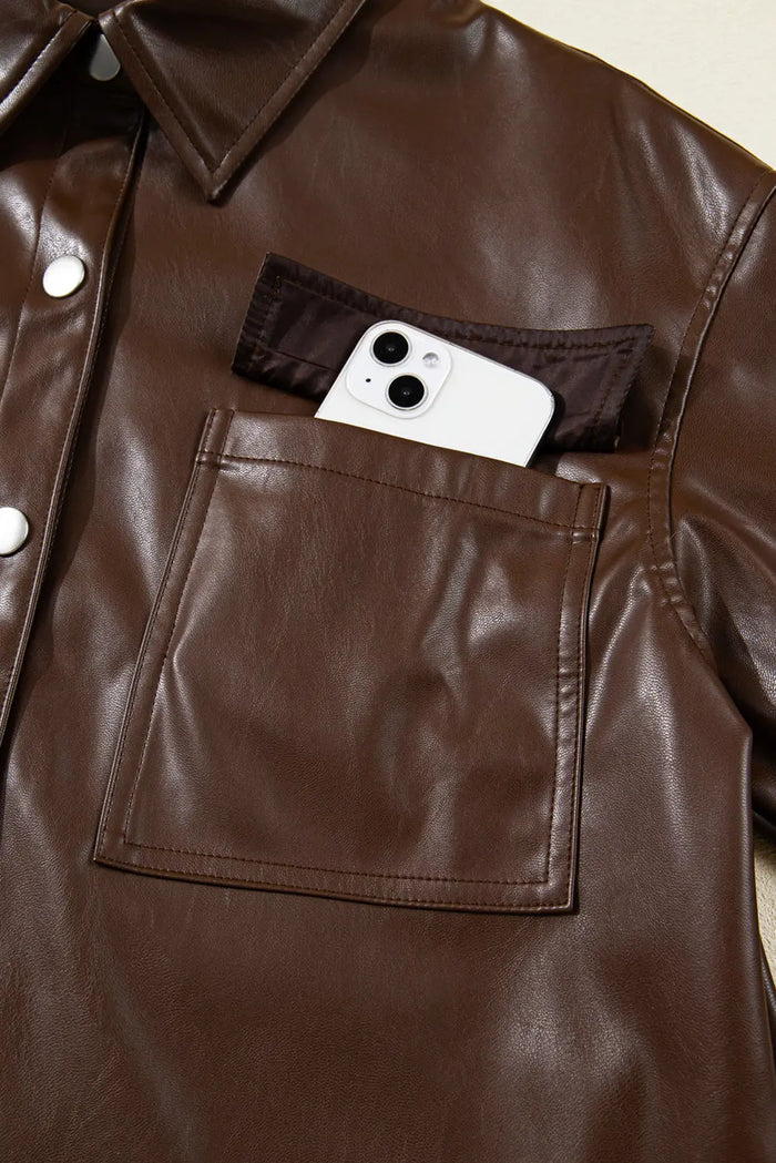 Brown Double Flap Pocket Drawstring Hem Leather Jacket - Outerwear/Jackets