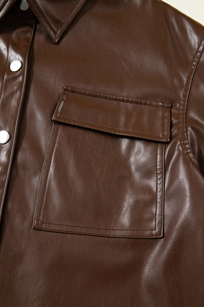Brown Double Flap Pocket Drawstring Hem Leather Jacket - Outerwear/Jackets