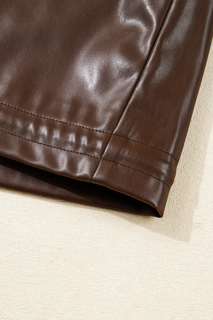 Brown Double Flap Pocket Drawstring Hem Leather Jacket - Outerwear/Jackets