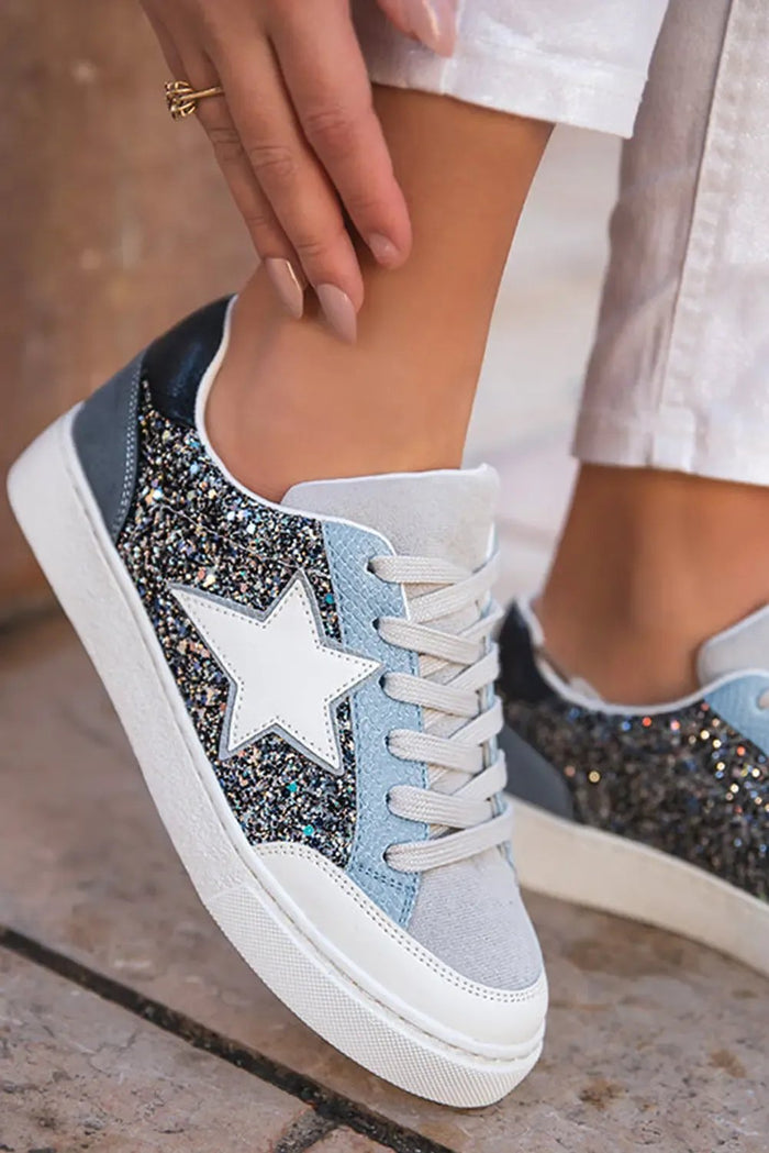 Buckskin Silver Sequin Star Patch Lace Up Trainers - Silvery / 37 - Shoes/Trainers