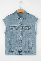 Button Flap Pocket Frayed Detail Denim Vest - Outerwear/Vests