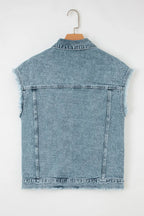 Button Flap Pocket Frayed Detail Denim Vest - Outerwear/Vests