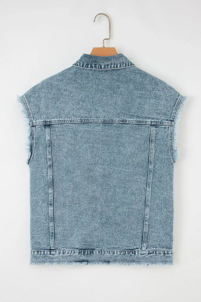 Button Flap Pocket Frayed Detail Denim Vest - Outerwear/Vests