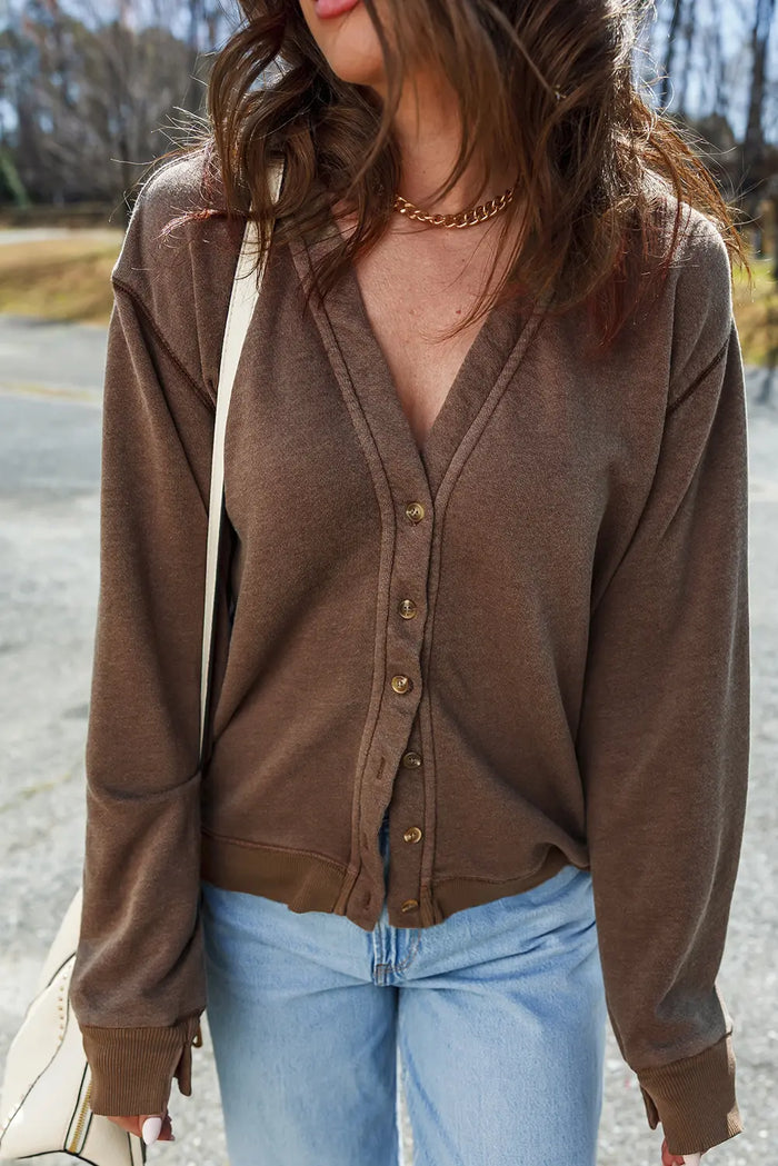 Button Front V-Neck Casual Cardigan