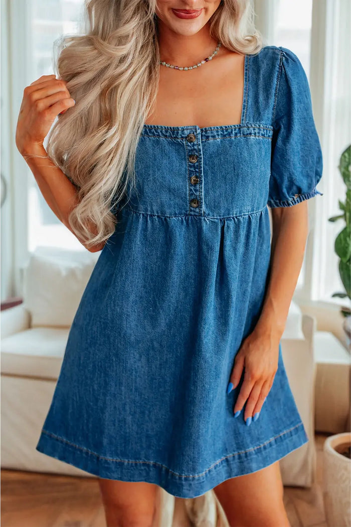 Button Square Neck Short Puff Sleeve Denim Mini Dress