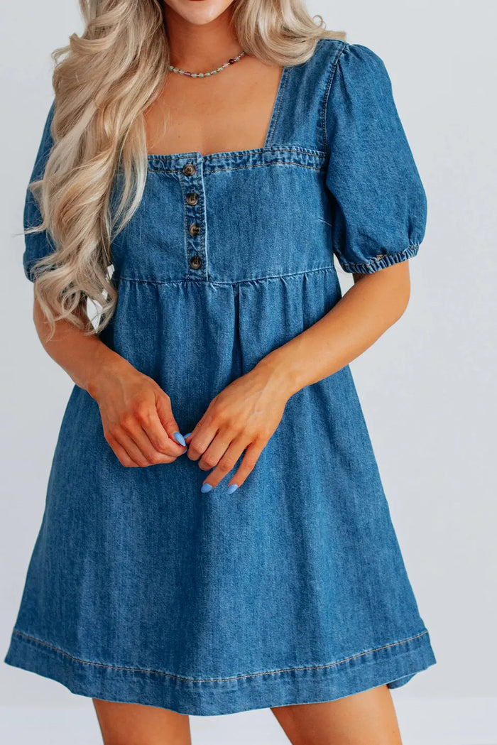 Button Square Neck Short Puff Sleeve Denim Mini Dress