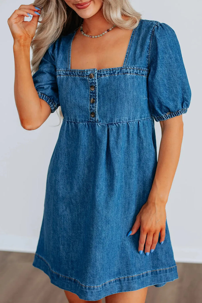 Button Square Neck Short Puff Sleeve Denim Mini Dress