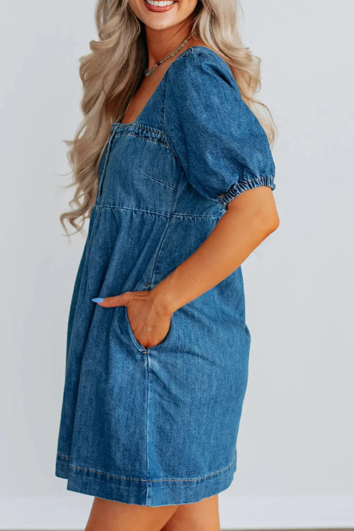 Button Square Neck Short Puff Sleeve Denim Mini Dress