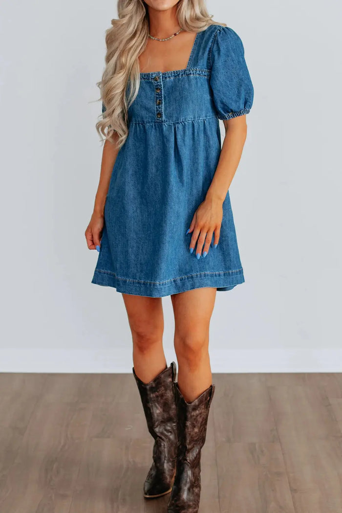 Button Square Neck Short Puff Sleeve Denim Mini Dress