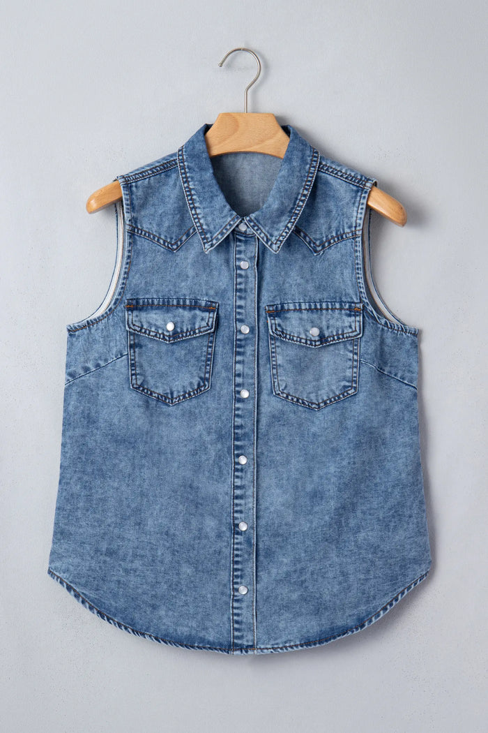 Buttoned Front Collared Denim Sleeveless Top