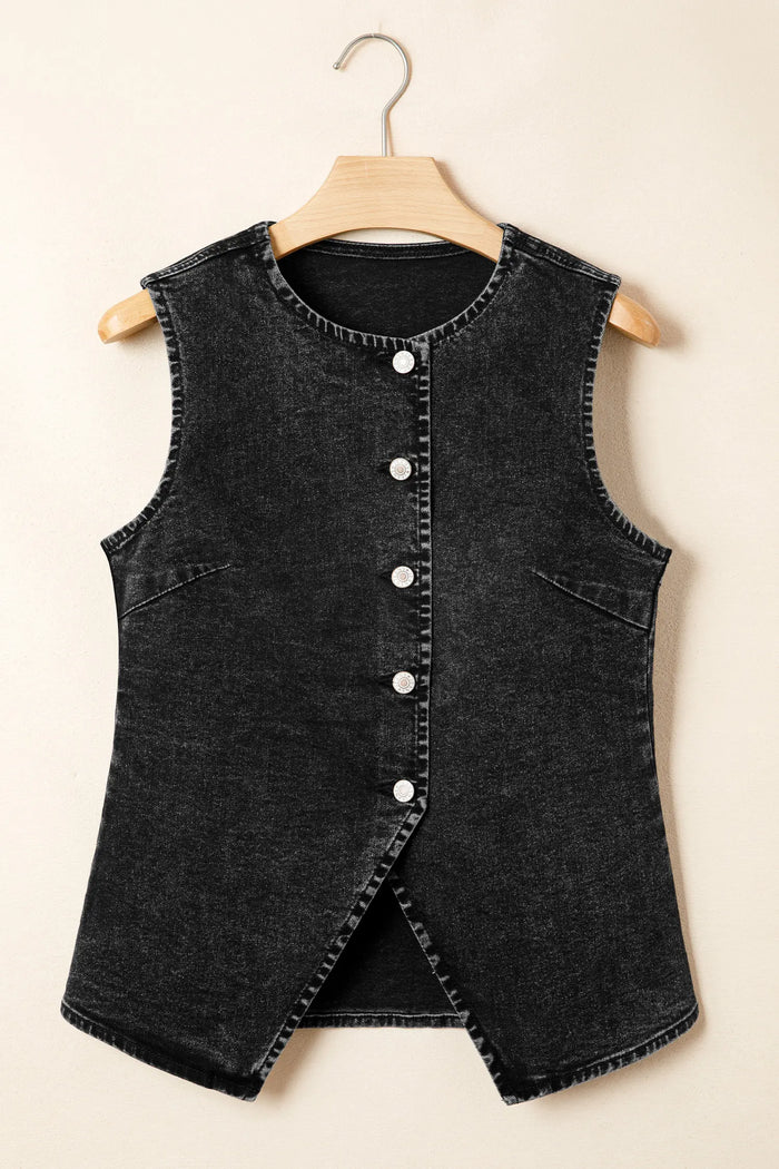 Buttoned Front Slit Denim Vest – Black