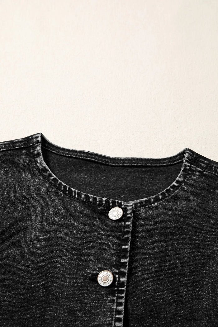 Buttoned Front Slit Denim Vest – Black