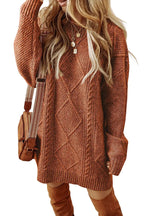 Cable Knit Drop Shoulder Loose Fit Sweater Dress - Brown / S - Sweaters & Cardigans/Sweater Dresses