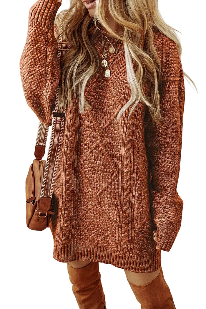 Cable Knit Drop Shoulder Loose Fit Sweater Dress - Brown / S - Sweaters & Cardigans/Sweater Dresses