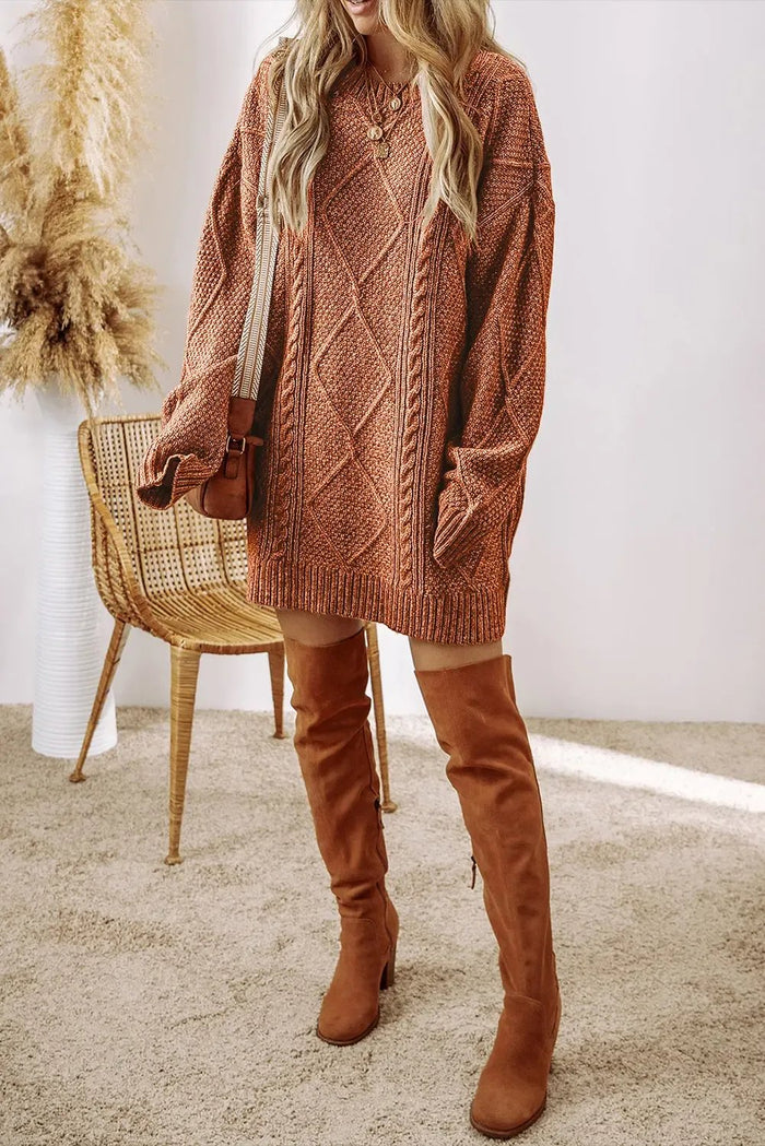 Cable Knit Drop Shoulder Loose Fit Sweater Dress - Sweaters & Cardigans/Sweater Dresses