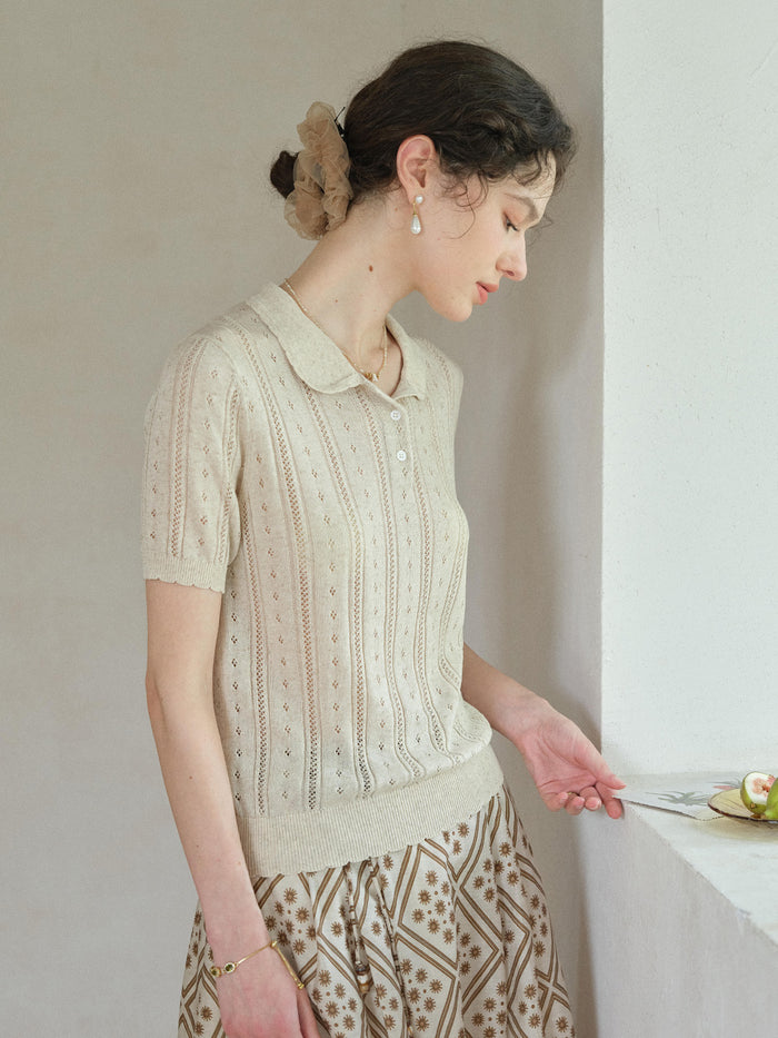 Camila Polo Collar Retro Texture Linen Knit Top