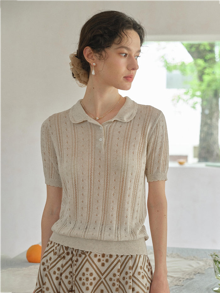Camila Polo Collar Retro Texture Linen Knit Top