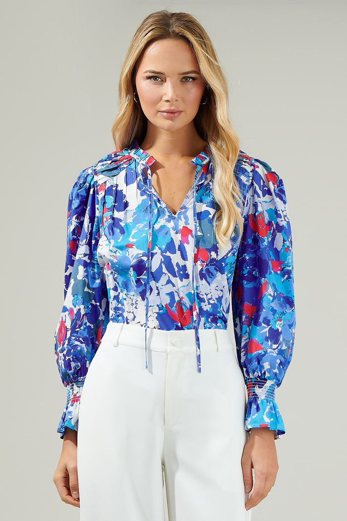 Canvas Floral Russo Pleated Long Sleeve Blouse