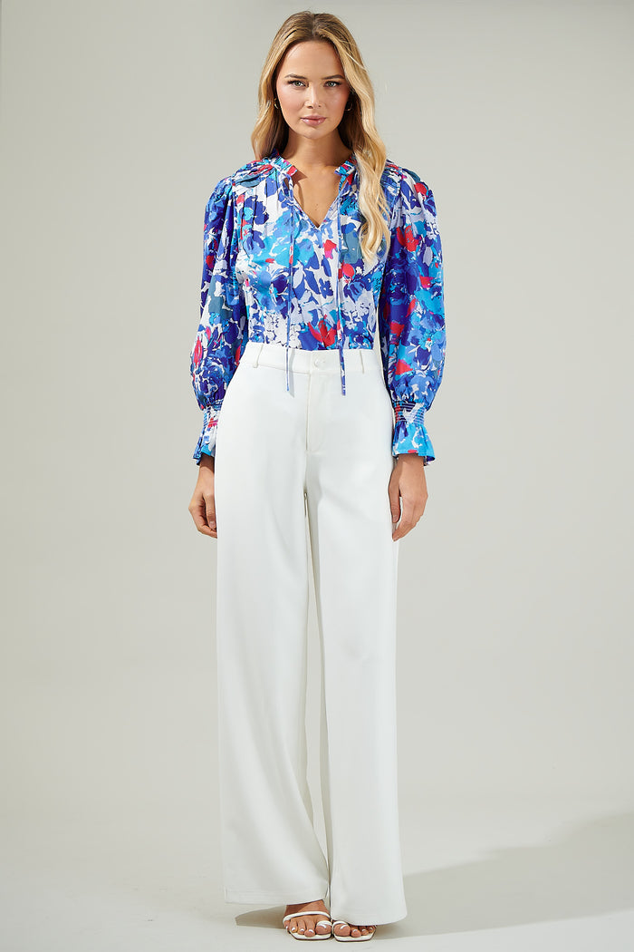 Canvas Floral Russo Pleated Long Sleeve Blouse