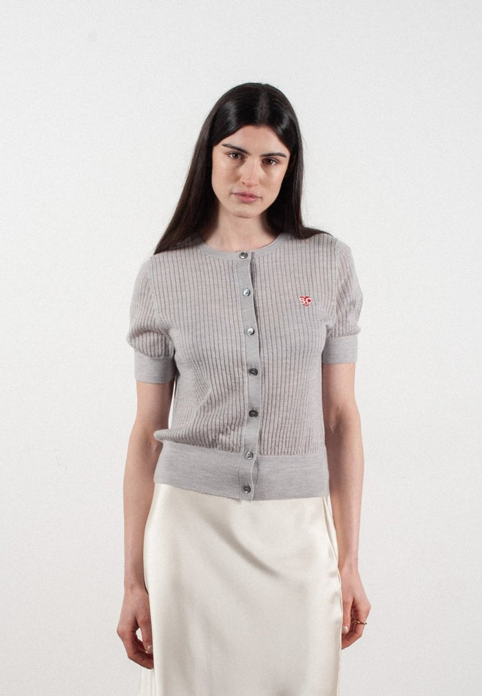 Cardigan col rond manches courtes femme en cachemire et laine ajouré ultrafin gris clair - FRIDA 6