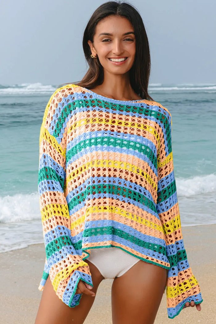 Carrot Multi Stripe Open Knit Sweater Beach Cover Up - Beau Blue / S / 100% Acrylic - Swimwear/Beach Cover-ups