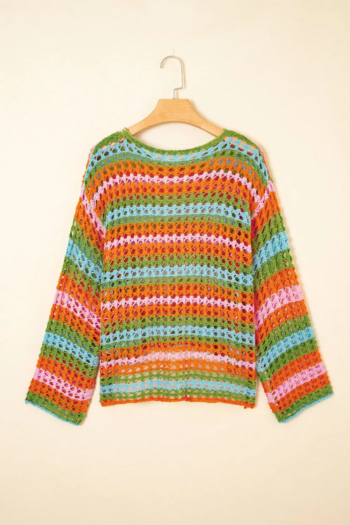 Carrot Multi Stripe Open Knit Sweater Beach Cover Up - Swimwear/Beach Cover-ups