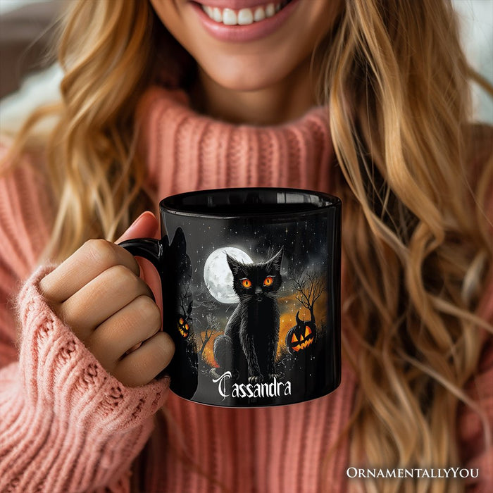 Cat Night Halloween Personalized Mug, Spooky Horror Gift with Custom Name Personalized Ceramic Mug OrnamentallyYou