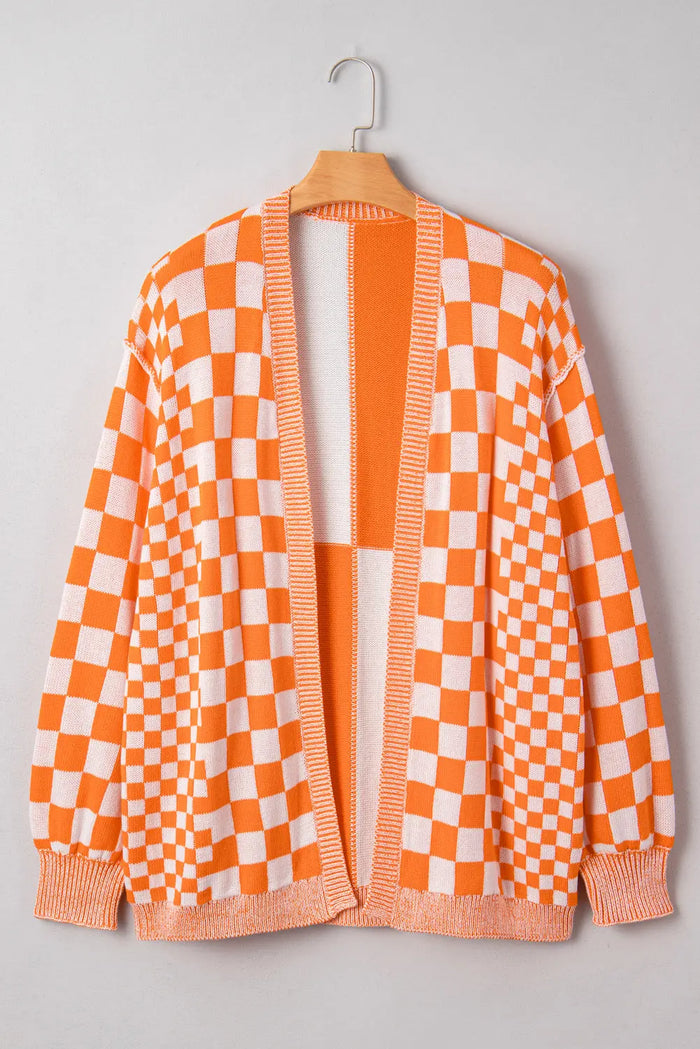 Checkered Bubble Sleeve Drop Shoulder Open Cardigan - Orange / 1X - Plus Size/Plus Size Sweaters & Cardigans