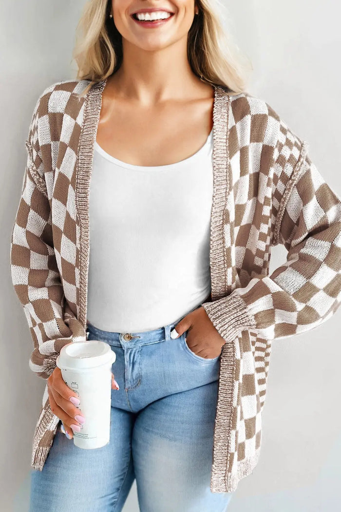 Checkered Bubble Sleeve Drop Shoulder Open Cardigan - Brown / 1X - Plus Size/Plus Size Sweaters & Cardigans