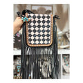 Checkered fringed leather bag
