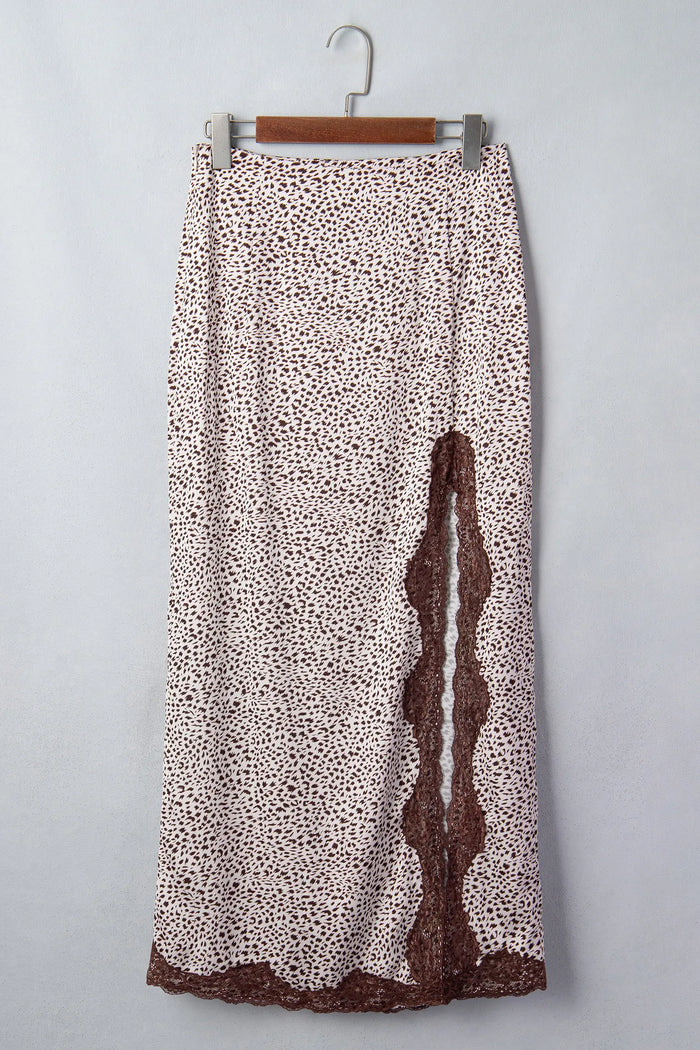 Cheetah Print Trim Split Long Western Skirt – Brown