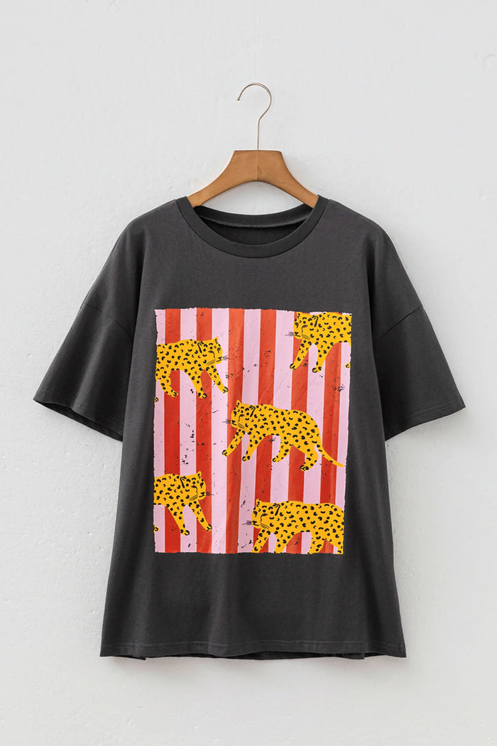 Cheetah Striped Print Retro Fashion Graphic Tee – Dark Grey