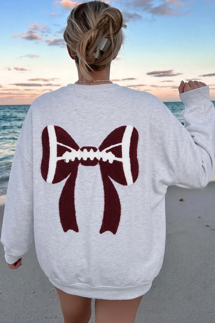 Chenille Embroidered Rugby Bow Game Day Oversized Sweatshirt – Gray