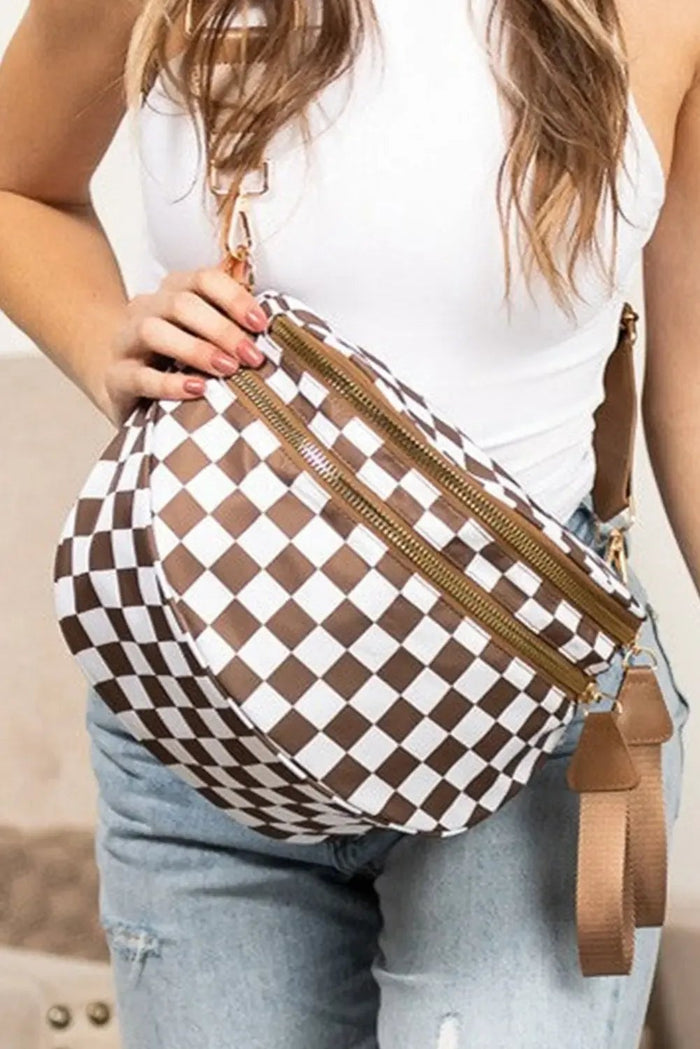 Chestnut Checkered Print Wide Strap Large Crossbody Bag - ONE SIZE - Shoes & Bags/Crossbody Bags