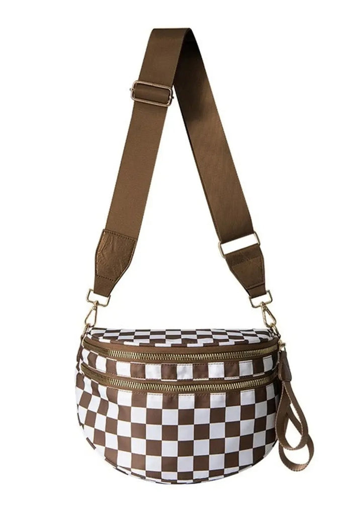 Chestnut Checkered Print Wide Strap Large Crossbody Bag - Shoes & Bags/Crossbody Bags
