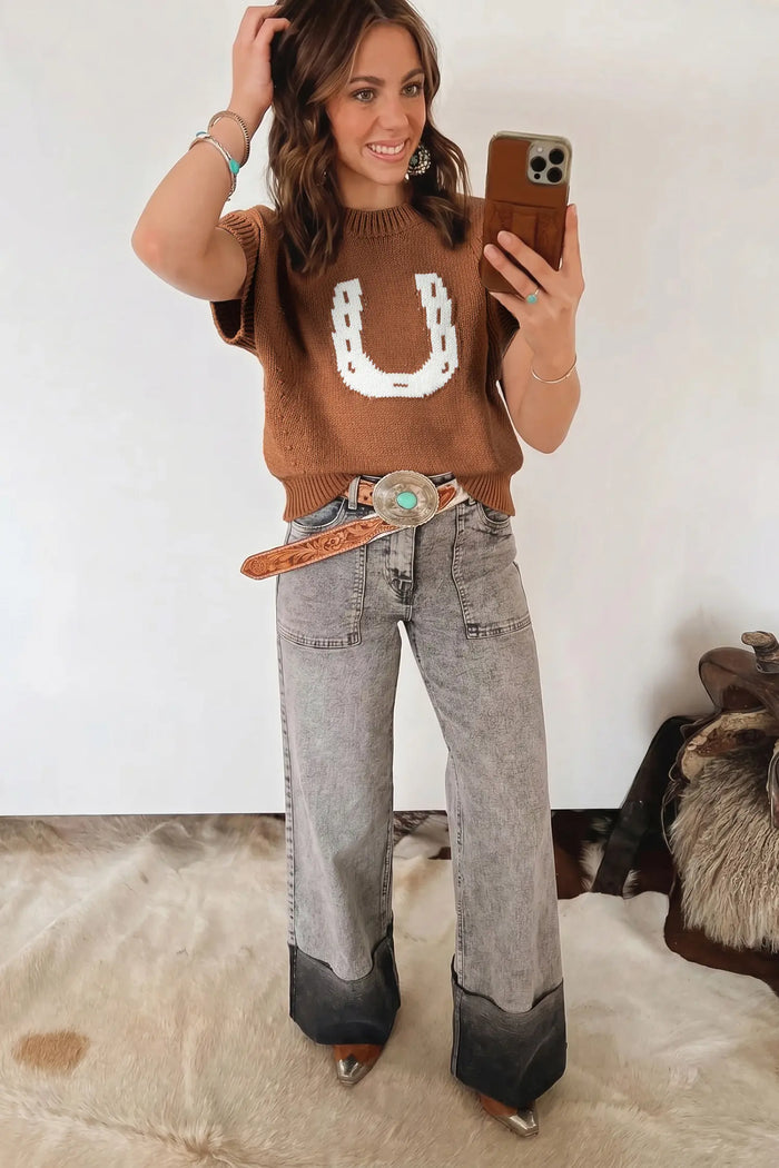 Chestnut Western Horseshoe Pattern Short Sleeve Knit Sweater – Brown