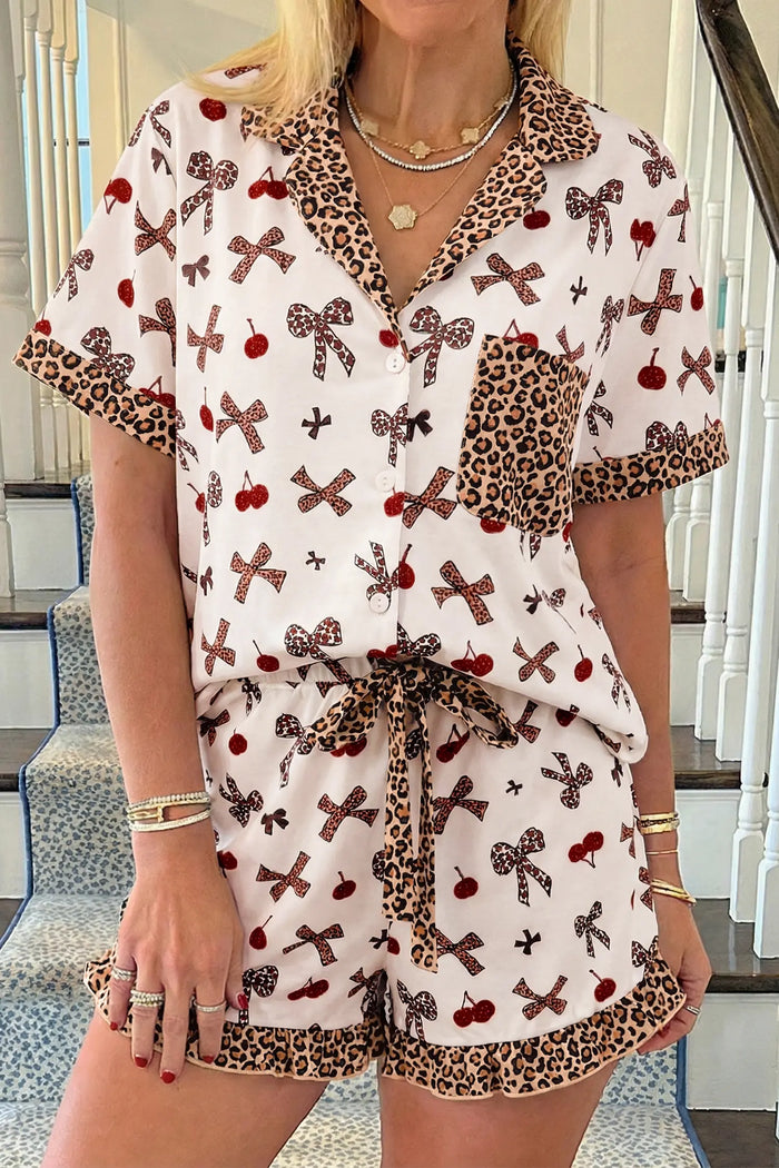 Chic Bow Cherry Print Leopard Contrast Shirt and Drawstring Pyjams
