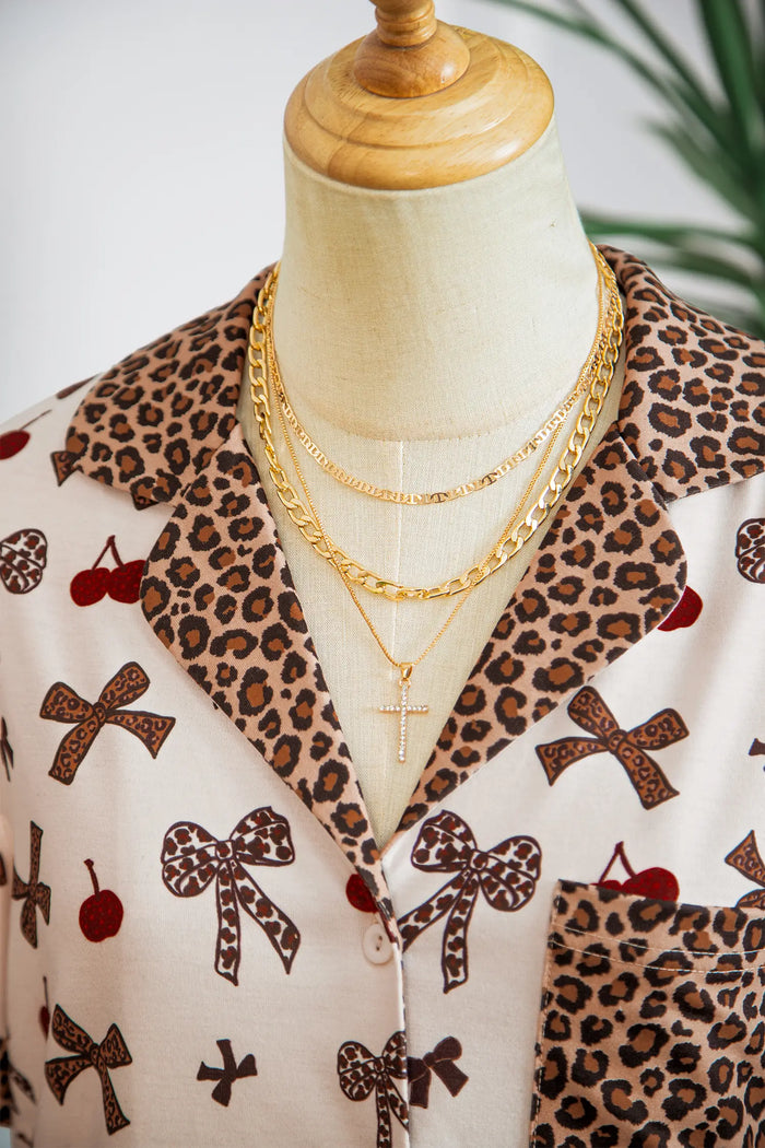 Chic Bow Cherry Print Leopard Contrast Shirt and Drawstring Pyjams
