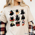 Christmas Black Cats T‑Shirt, Whimsical Cats with Santa Hat Tee T-Shirts OrnamentallyYou