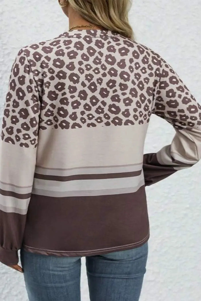 Coffee Plus Size Leopard Striped Long Sleeve Crew Neck Top - Size/Plus Tops/Plus Tops