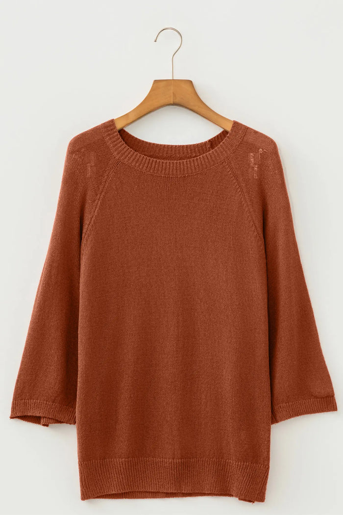 Coffee Ribbed Knit Round Neck Short Sleeve Sweater – Brown